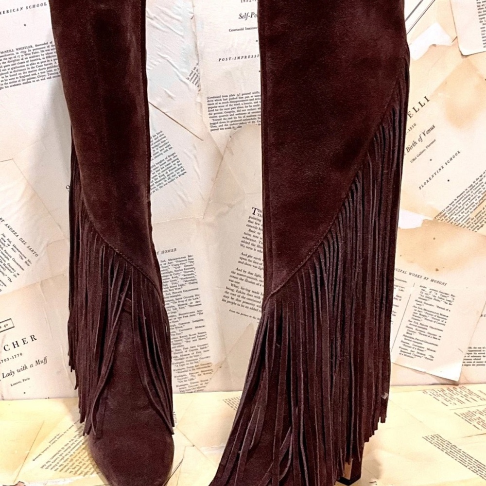Anthropologie Dolce Vita Giano Suede Fringe Tall Boots Mahogany Brown - Picture 6 of 8